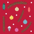 Vector set of Christmas balls and Christmas tree branches. Different toys for Christmas tree Royalty Free Stock Photo