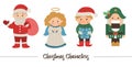 Vector set of Christmas characters. Cute winter Santa Claus with sack, Angel, Elf, Nutcracker illustration Royalty Free Stock Photo