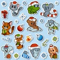 Vector set of Christmas cute animals, color cartoon stickers