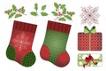 Vector set of Christmas elements for design. Quilting socks, gifts and branches