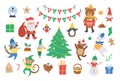 Vector set of Christmas elements with Santa Claus in red hat with sack, deer, fir tree, presents isolated on white background. Royalty Free Stock Photo
