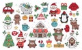 Vector set of Christmas elements with Santa Claus, reindeer, animals, elf, stocking, fir tree, house with ornament. Cute funny Royalty Free Stock Photo