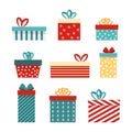 Vector set of christmas gift boxes. Flat icons isolated on white background. Holiday presents, happy birthday elements Royalty Free Stock Photo