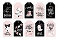 Vector set of christmas greeting tags with hand lettering phrases and decorative elements and characters