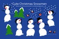 Vector set of Christmas snowmen isolated on a blue background. An element of Christmas design