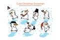Vector set of Christmas snowmen isolated on a white background. A set of cute playful snowmen on skates Royalty Free Stock Photo