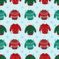 Vector set of Christmas sweaters with ornaments and festive decorations. Collection of knitted winter jumpers.