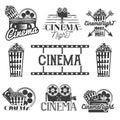 Vector set of cinema labels and logos. Isolated illustration in vintage style. Monochrome badges, emblems, design