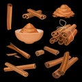 Vector set of cinnamon sticks and powder. Aromatic condiment. Spicy seasoning for dishes, sweets and drinks. Culinary