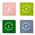 Vector set circle icon with arrow euro, yen, pound and dollar sign. Currency exchange symbol