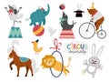 Vector set with circus animals. Amusement holiday icons pack. Cute funny festival characters clip art. Street show comedians