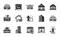 Vector set of Circus, Arena stadium and Skyscraper buildings icons simple set. Vector