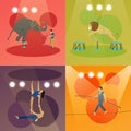 Vector set of circus concept banners. Acrobats and artists perform show in arena.