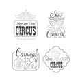 Vector set of circus and Mardi Gras carnival signs. Black and white logo templates with top of tent, masquerade mask