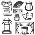 Vector set of classic theater isolated icons. Black and white theater symbols and design elements. Royalty Free Stock Photo