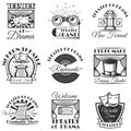 Vector set of classic theater isolated labels, logo and emblems. Black and white theater symbols and design elements.