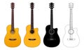 Vector set of classical guitars, in realistic, flat color, black silhouette and outline versions Royalty Free Stock Photo