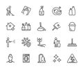 Vector set of cleaning line icons. Contains icons disinfection, detergents, maid, laundry, cleaning services, wet floor, virus