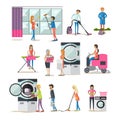 Vector set of cleaning people characters on white background.