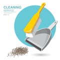 Vector Set of cleaning service elements. Cleaner. Cleaning supplies. Housework tools, House cleaning. Garbage, dustpan and brush Royalty Free Stock Photo