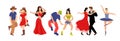 Vector set of clip-art professional dance couple dancing tango, country, hip hop, belly dance, ballet. Illustration of a flat