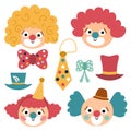 Vector set with clown faces. Circus artists avatars clipart. Amusement holiday icons pack. Cute funny festival characters clip art