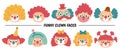 Vector set with clown faces. Circus artists avatars clipart. Amusement holiday icons pack. Cute funny festival characters clip art