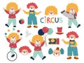 Vector set with clowns. Circus artists clipart. Amusement holiday icons pack. Cute funny festival characters clip art. Street show