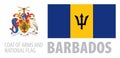 Vector set of the coat of arms and national flag of Barbados