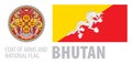 Vector set of the coat of arms and national flag of Bhutan