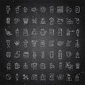 Vector set of coffee icons on black chalk background. Hand drawn coffee icon, vector doodle collection. Morning coffee