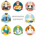 Vector set of collection icons of color professions equipment vector illustration