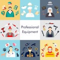 Vector set of collection icons of color professions equipment vector illustration