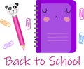 Vector set, collection, illustration with violet cute notebook and pink pencil with panda. Back to School. Royalty Free Stock Photo
