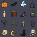 Vector Set of Color Doodle Halloween Icons. Traditional Halloweens Atributes.