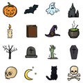 Vector Set of Color Doodle Halloween Icons. Traditional Halloweens Attributes.