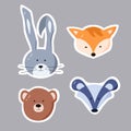 Vector set of color drawings of forest animals. The head of a bear, a hare, a fox and a badger. A set of stickers with an outline