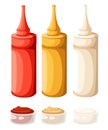 Vector Set of Color Fast Food Plastic Bottles. Ketchup, Mayo, Mustard. Vector illustration isolated on white.