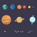 Vector Set of Color Flat Space Icons. Solar Systems Planets, Star, Comet and Asteroids