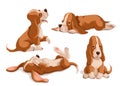 Vector set of color hand drawn basset hounds. Cute puppies isolated on white background. Funny animal characters