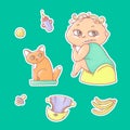 Vector set of color illustrations stickers child sitting on the pot and kitten in the cat litter. Baby bottle with water or milk, Royalty Free Stock Photo