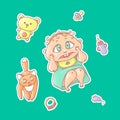 Vector set of color illustrations stickers of the scared child and the kitten. Hygiene items, baby care and toys. The chubby curly