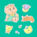 Vector set of color illustrations stickers of the surprised child and the kitten. Hygiene items, baby care and toys. The chubby cu