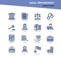 Vector set of color line icons of legal proceedings and law
