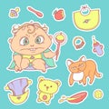 Vector set color sketch illustrations stickers of the angry child and the kitten. Hygiene items, baby care and toys. The