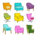 Vector set of colored armchairs in hand-drawn style on white