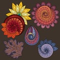 Vector Set of Colored Contour Floral Doodles Royalty Free Stock Photo