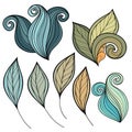 Vector Set of Colored Contour Flowers and Leaves