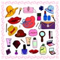 Vector set of colored drawings of cosmetics and jewelry on a white background and various women`s hats. Hand-drawn illustration Royalty Free Stock Photo