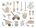 Vector set of colored garden tools, flowers, herbs, plants. Collection of gardening equipment. Flat spring illustration of spade, Royalty Free Stock Photo